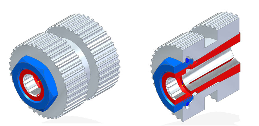 Abb.: 3 Die Darstellung – rechts in der Schnittansicht – zeigt eine solche, vom Kunden vorgegebene Zahnriemenscheibe. Die Ausführung beinhaltet das BOQA® Befestigungselement, sowie die Befestigungsmutter. Abb.: 3 Die Darstellung - rechts in der Schnittansicht - zeigt eine solche, vom Kunden vorgegebene Zahnriemenscheibe. Die Ausführung beinhaltet das BOQA® Befestigungselement, sowie die Befestigungsmutter.